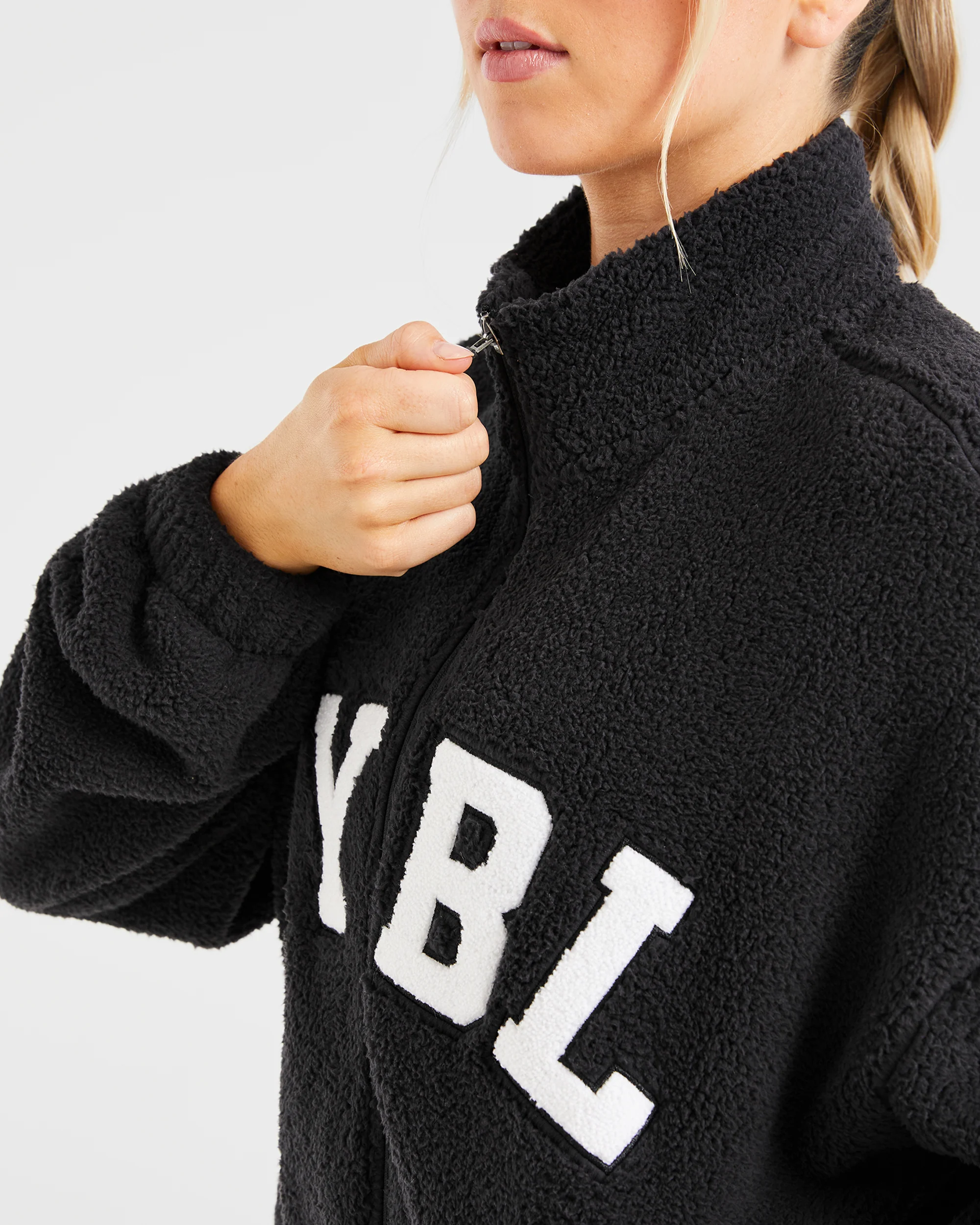 Varsity Oversized Fleece Zip Up Jacket - Black - Image 5