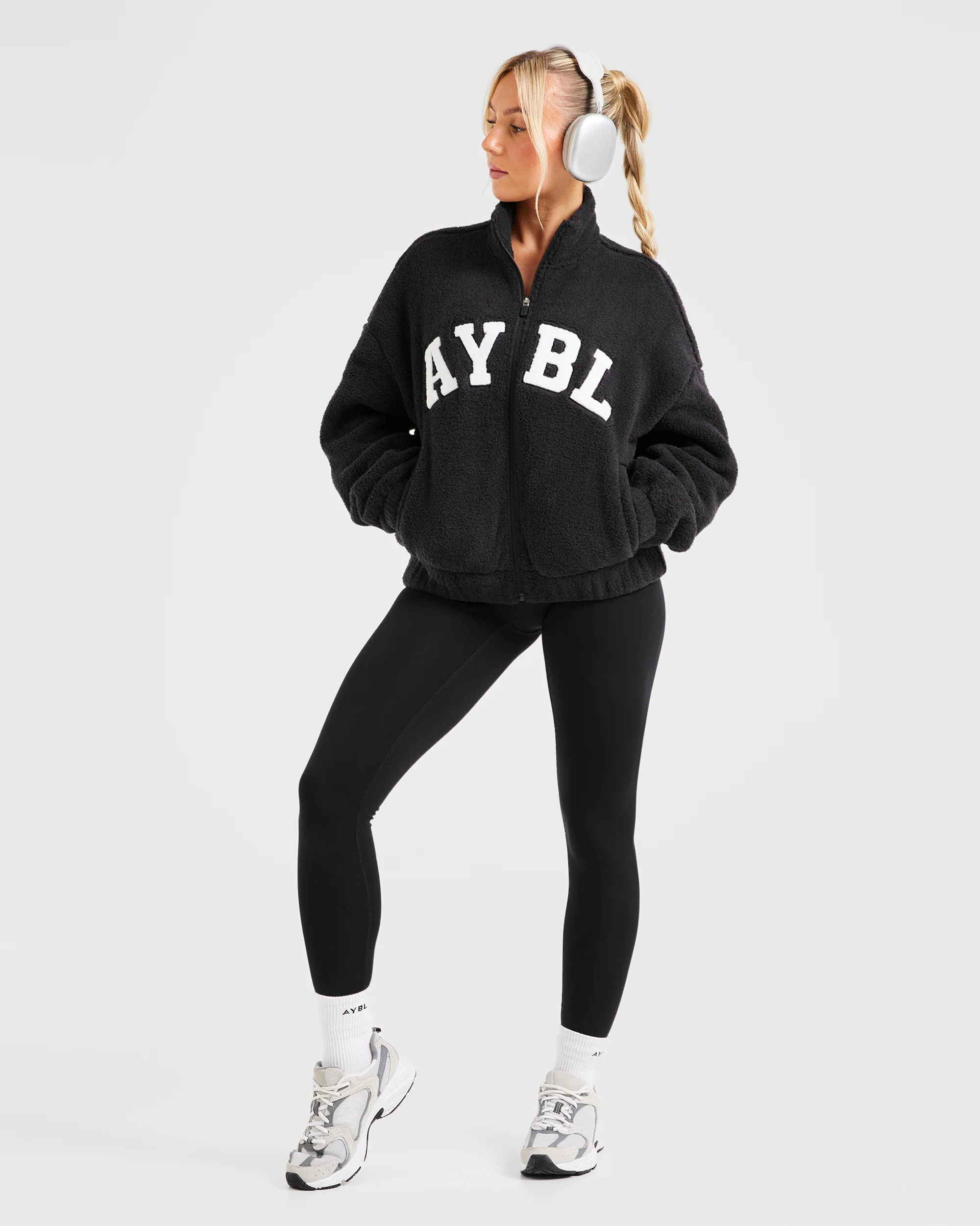 Varsity Oversized Fleece Zip Up Jacket - Black - Image 7