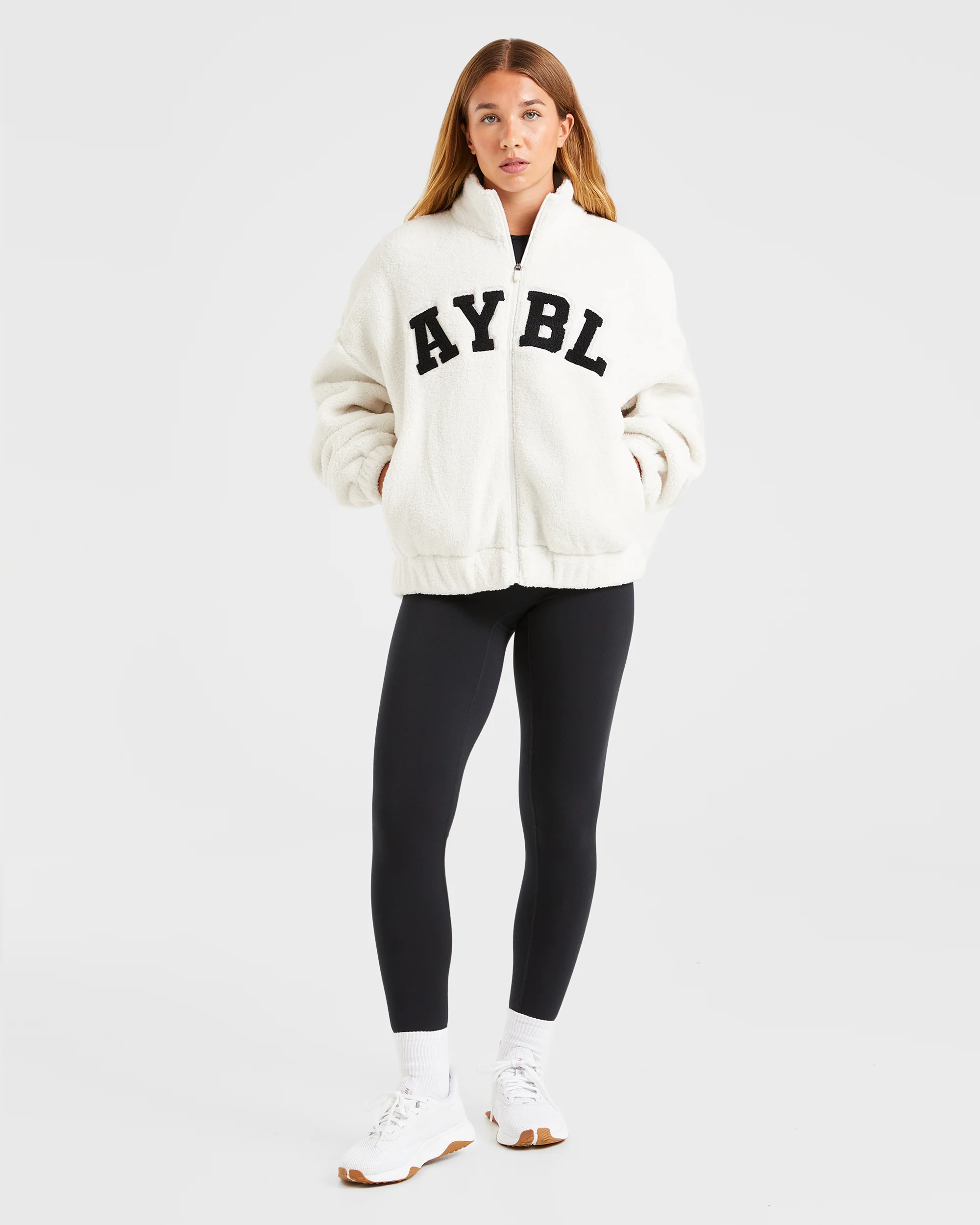 Varsity Oversized Fleece Zip Up Jacket - Cream - Image 3
